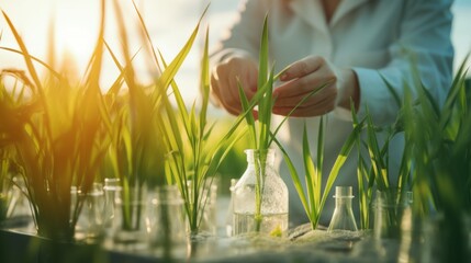Poster - A geneticist checks plant growth, examines crops, pests, develops new varieties of cereals, isolates chromosomal DNA, experiments with the genetics of various plants in the field.