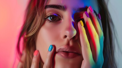 Beauty Girl Face with Colorful Nail polish Colourful Studio Shot of young Woman Vivid Colors Colourful Manicure and fashion Makeup Rainbow Colors Beautiful lady touching face Isolated  : Generative AI