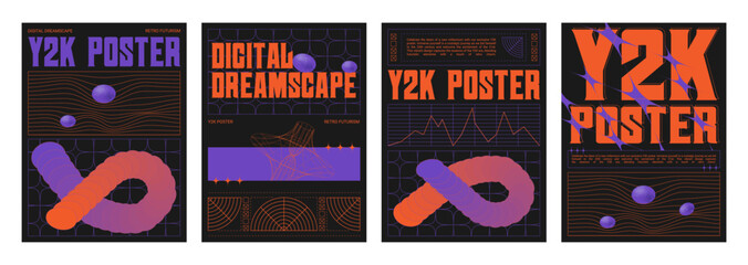 Poster - Set of retro futuristic vibe banners. Vector realistic illustration of y2k aesthetic posters with orange and purple color background, text borders, statistics data chart frames, retrowave collage