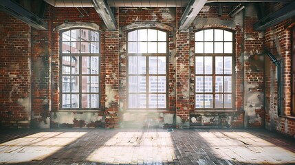 Aufkleber - Empty, loft industrial grunge interior. Old brick walls and big windows. Interior concept background .3d Render : Generative AI