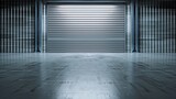 Fototapeta Londyn - Roller door or roller shutter using for factory, warehouse or hangar. Industrial building interior consist of polished concrete floor and closed door for product display or industry ba : Generative AI
