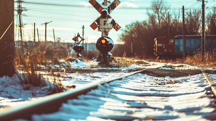Aufkleber - Railroad crossing closeup goes to horizon on sunny day.Abandoned area, desolation and poverty.Snow and stray abandoned homeless dogs. Snowdrifts in an industrial area.Light and shadow, : Generative AI