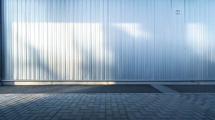 Poster - Exterior wall of warehouse made of aluminum sheet and paved road in outdoor area as background image. Texture of a wall made of silver corrugated metal sheet. : Generative AI