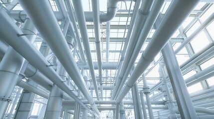 Fototapete - Tangled web of metal pipes and beams indoors for industrial area with white poles and background walls inside. Inside architecture of buildng or ship for support and integrity. : Generative AI