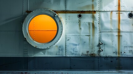 Fototapete - Submarine door bulkhead with white metal and nautical window on side of wall cement floors interior. Low lighting and orange color on cement exterior in industrial area of factory or m : Generative AI