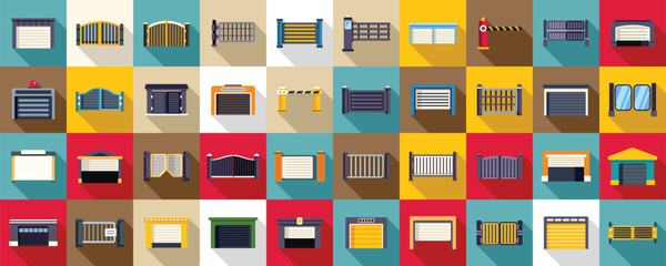 Poster - automatic gates icons set flat vector. security car. industrial building gate road