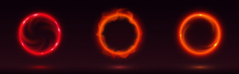 Poster - Magic circle portal with fire, neon glow and sparks on black background. Realistic vector illustration set of light ring with red and orange hot flare glow effect. Bright round border with flame.