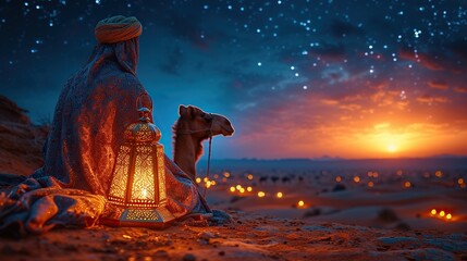 Lantern in the desert at night with camel, ramadan kareem banner background concept