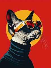 Sticker - portrait of cute Sphynx cat with sunglasses cosplay human, 960s space-age fashion