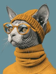 Sticker - portrait of cute Sphynx cat with sunglasses cosplay human, 960s space-age fashion