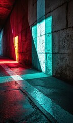 Poster - A man is walking down a dark tunnel with a red and blue light. Generative AI.