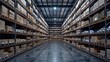 Rows of shelves with boxes. Interior of warehouse. : Generative AI