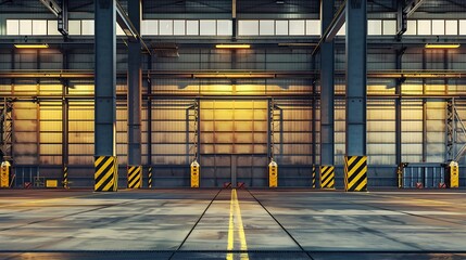 Wall Mural - Empty industrial hangar. Entrance to factory building. Empty industrial building. Industrial zone in evening. Concept of renting building for factory. Hangars with yellow and black pos : Generative AI