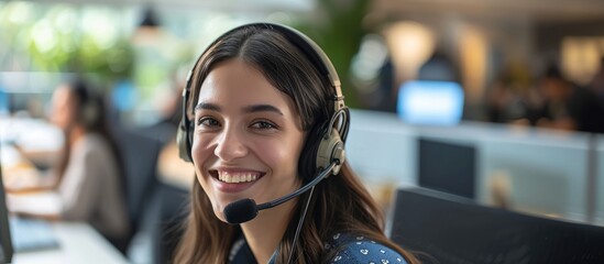 Poster - Happy customer service agent wearing headset and smiling while assisting clients