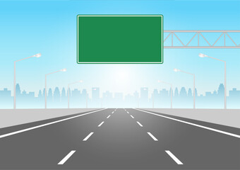 Empty Asphalt Highway Road with Traffic Sign. Vector Illustration. 