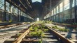 The end of a railway line, work or train maintenance area, terminus, industrial area, with a little greenery and a lot of metal, empty, desert, abandoned : Generative AI