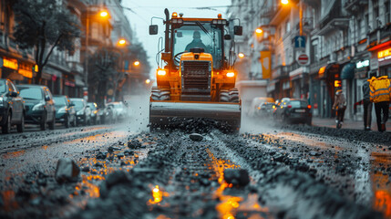 A road roller is grinding a road under construction. with meticulously controlled engineers,generative ai