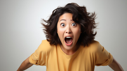 Wall Mural - a young woman in casual dress looking camera with excited look and humorous distortions on white background