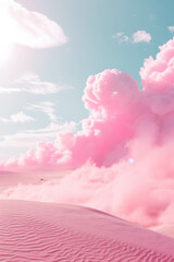 Wall Mural - A pink sand dunes under sky with pink smoke. Pop art idea. Psychedelic surreal landscape. Sky blue and pink vibrant colors.