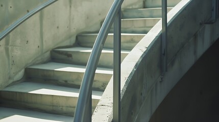 Fototapete - Spiral cement staircase in industrial area of commercial districts in downtown city neighborhoods with metal hand rails. Late afternoon shade with whtie or beige stucco structure exter : Generative AI