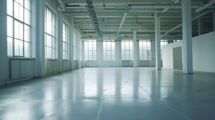Aufkleber - Empty industrial building with concrete floors, awaiting new coverage with large windows and white technical ceiling : Generative AI