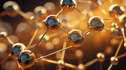 Poster - Abstract close-up photo of a golden structure of a molecule with atoms, neural connections under a microscope. Genetics, Biotechnology, Microbiology, Scientific Technologies, Medicine concepts.