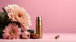 Bullet cartridge cases and beautiful chrysanthemum flowers on yellow background, space for text  generative ai  
