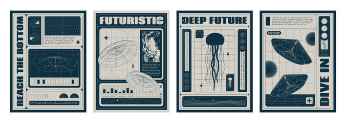 Fototapete - Poster design template in trendy y2k style with abstract geometric grid 3d shape and bitmap jellyfish picture. Banners in 2000s aesthetic. Retro minimalistic composition layout with wireframe figure.