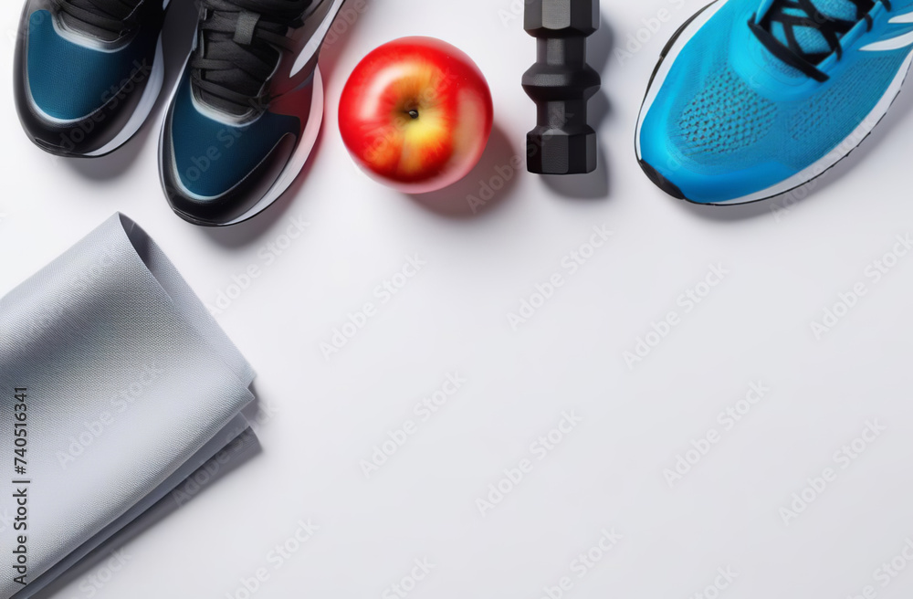 Workout routine. Fitness layout with sneakers, dumbbells, fresh apple ...