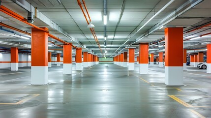 Poster - Empty shopping mall underground parking lot or garage interior with concrete stripe painted columns : Generative AI