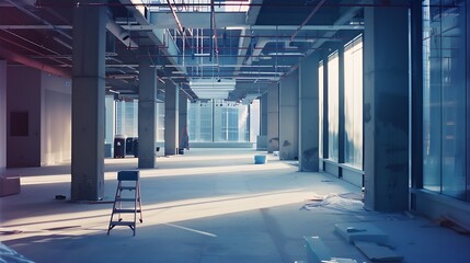 Wall Mural - An under construction office building interior. A huge hall with panoramic windows being constructed. : Generative AI