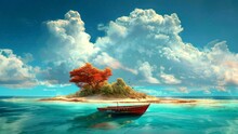A Boat Stranded On The Edge Of A Small Island. Seamless Looping Time-lapse Virtual 4k Video Animation Background