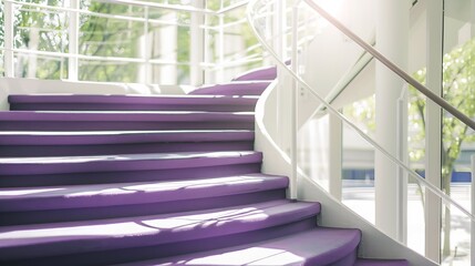 Fototapete - Interior spirat staircase indoors with purple carpet and white painted handrails inside building in industrial area. Residential real estate with steps inside house with trees outside  : Generative AI