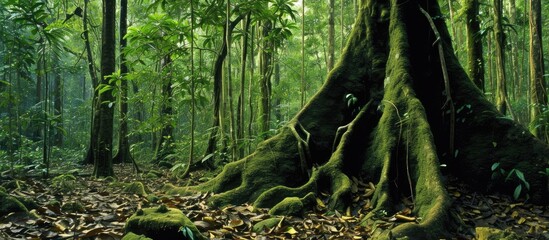 Wall Mural - A towering and imposing tree stands prominently amidst the lush greenery of a dense forest, adorned with epiphytes that cling to its trunk.