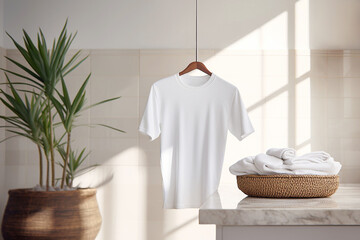 Wall Mural - T-shirt mockup. Blank template white Tee in laundry background. Summer t shirt canvas copy space. Fabric front view. Bleach for white clothes. Stain removal concept. Urban casual summertime streetwear