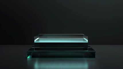 Poster - Stylish glass pedestal stage or platform on a black background Mockup scene made with acrylic blocks as a template for product presenation Stylish backdrop for advertisement : Generative AI