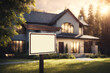 © IllustrationAlchemy - Customizable empty sign in front of a house. blurred background. property and real estate concept.