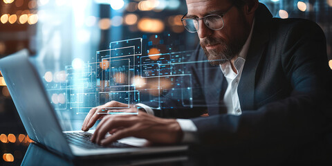 Poster - professional businessman working on a laptop with a virtual interface for data management and organi
