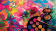 An explosion of color on a makeup palette, mimicking the bright and bold designs of Mexican watercolor ornaments, with each hue perfectly suited for eye shadow and blusher.