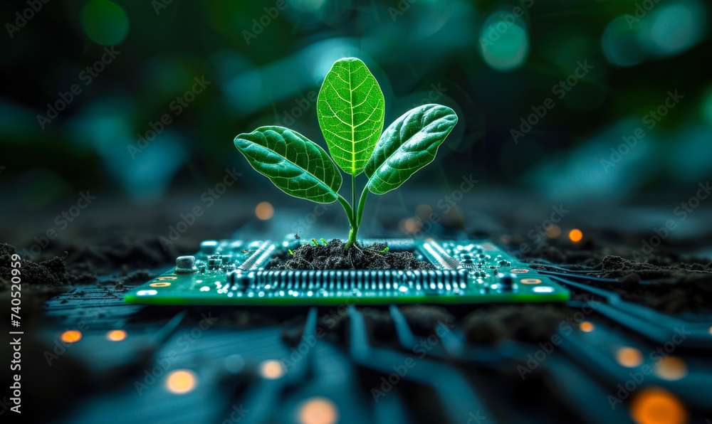 Sustainable Technology Concept with a Young Plant Growing from a ...