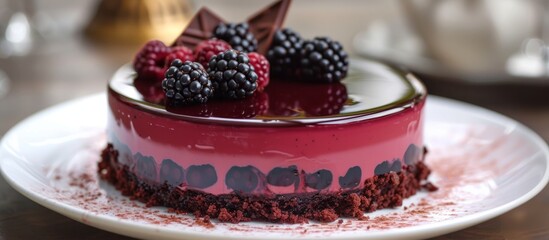 Wall Mural - Delicious homemade cake topped with fresh berries and rich chocolate on a fancy porcelain plate