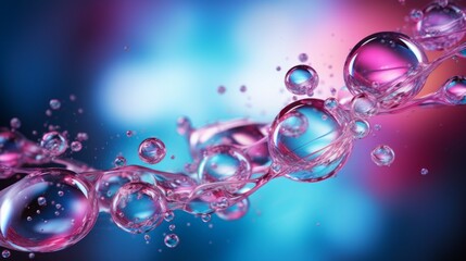 Poster - Beautiful abstract blue pink background with bubbles under the microscope. Cosmetic essence, Moisturizer, Oil for youth and radiance of the skin concept.