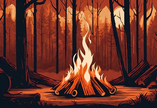 キャンプ場でくつろぐイメージのイラスト素材、キャンプファイヤー｜In this page, We offer the clip art of relaxing in a campground, campfire. Generative AI