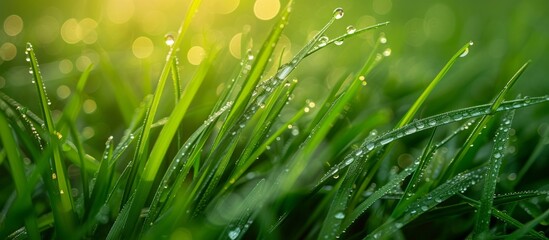 Wall Mural - A close up of a vibrant green grassland with dew drops, showcasing the beauty of terrestrial plants and moisture on the grass blades