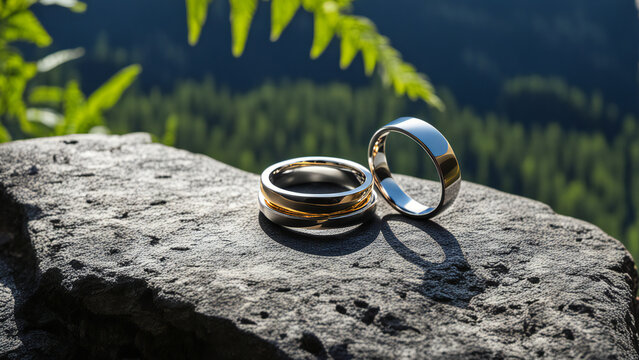Wedding rings on a rock nature background with copy space.