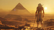 Egyptian warrior turn back look at the pyramid. concept art