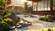 Zen garden with warm natural light .beautiful Japanese style  