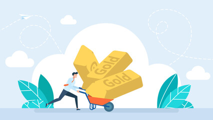 A businessman is driving a wheelbarrow with a pile of gold bars. Concept of profit, wealth, luxury, success, money. Red wheelbarrow with hand trolley and bar of gold. Vector illustration