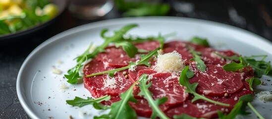 Canvas Print - Delicious plate of food featuring succulent meat and fresh greens served beautifully