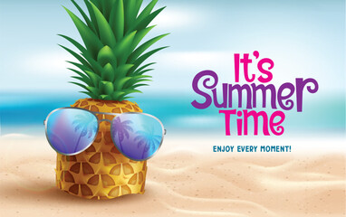 Sticker - Summertime greeting text vector design. It's summer time greeting with pineapple tropical fruit wearing sunglasses in beach sand background for seasonal hot sunny day background. Vector illustration 